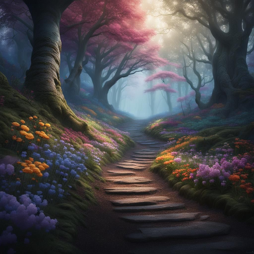 Enchanted Path Through Dark Forest in Detailed Matte Paintin...
