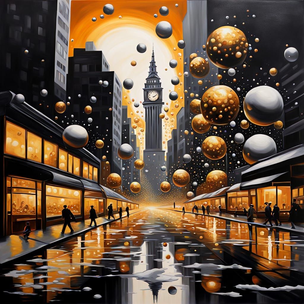 Surreal Spheres Flowing Through Monochrome Cityscape