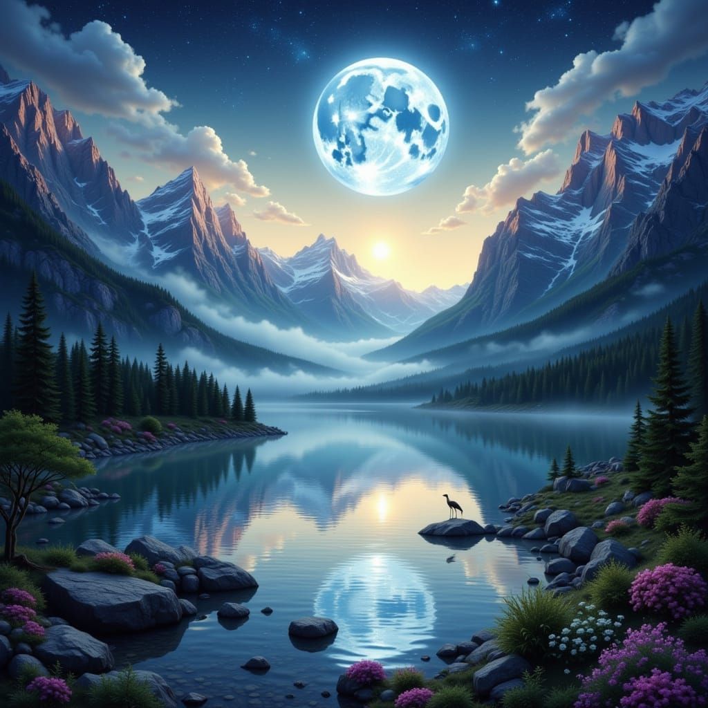 Ethereal Moonlit Mountain Lake in Baroque Watercolor Style