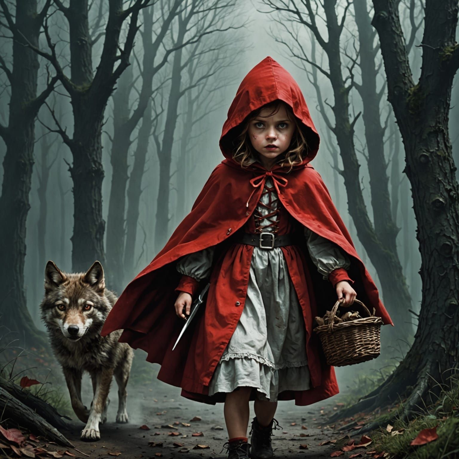 Dark Red Riding Hood in a Haunting Forest