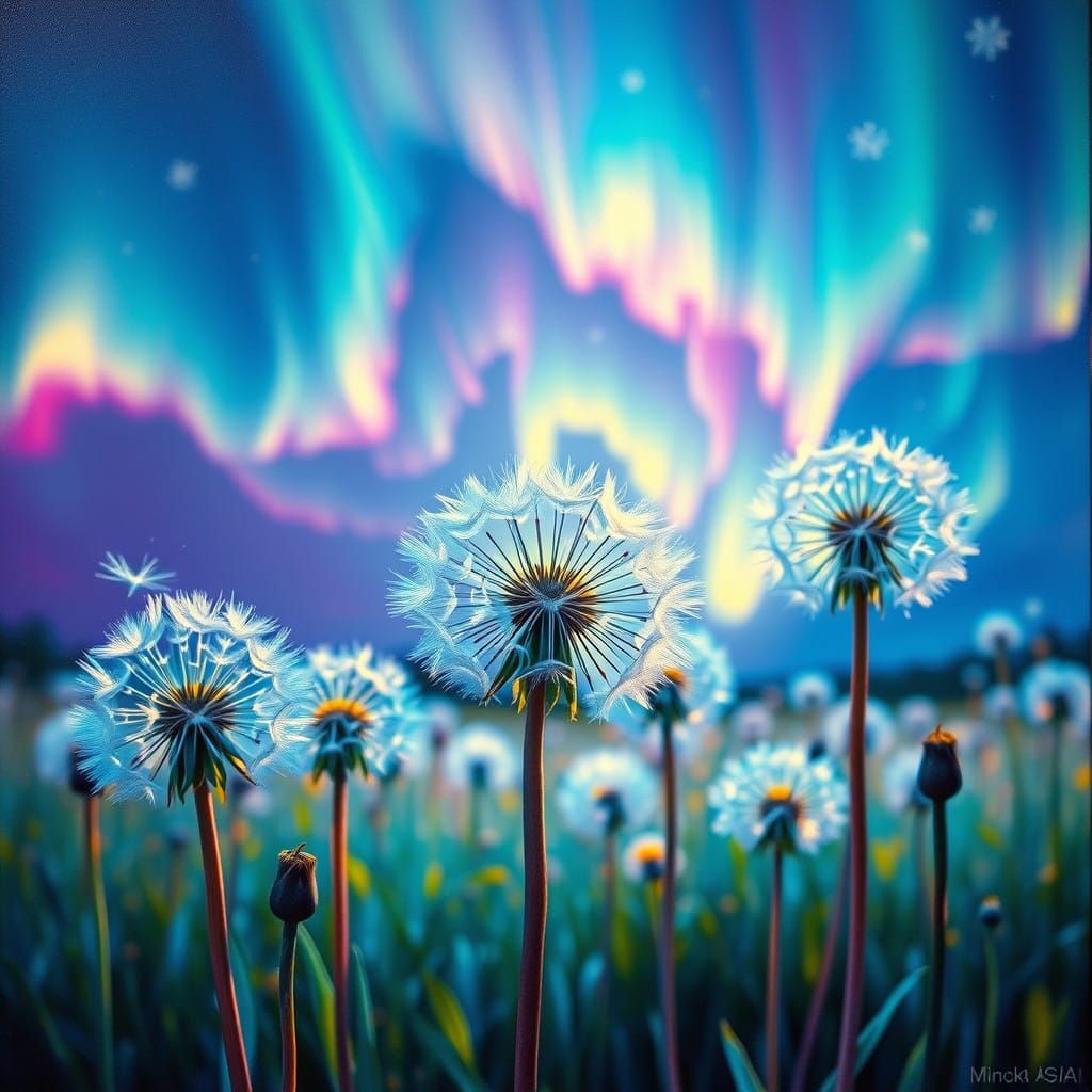 Neon Aurora Dandelions in Ethereal Glass