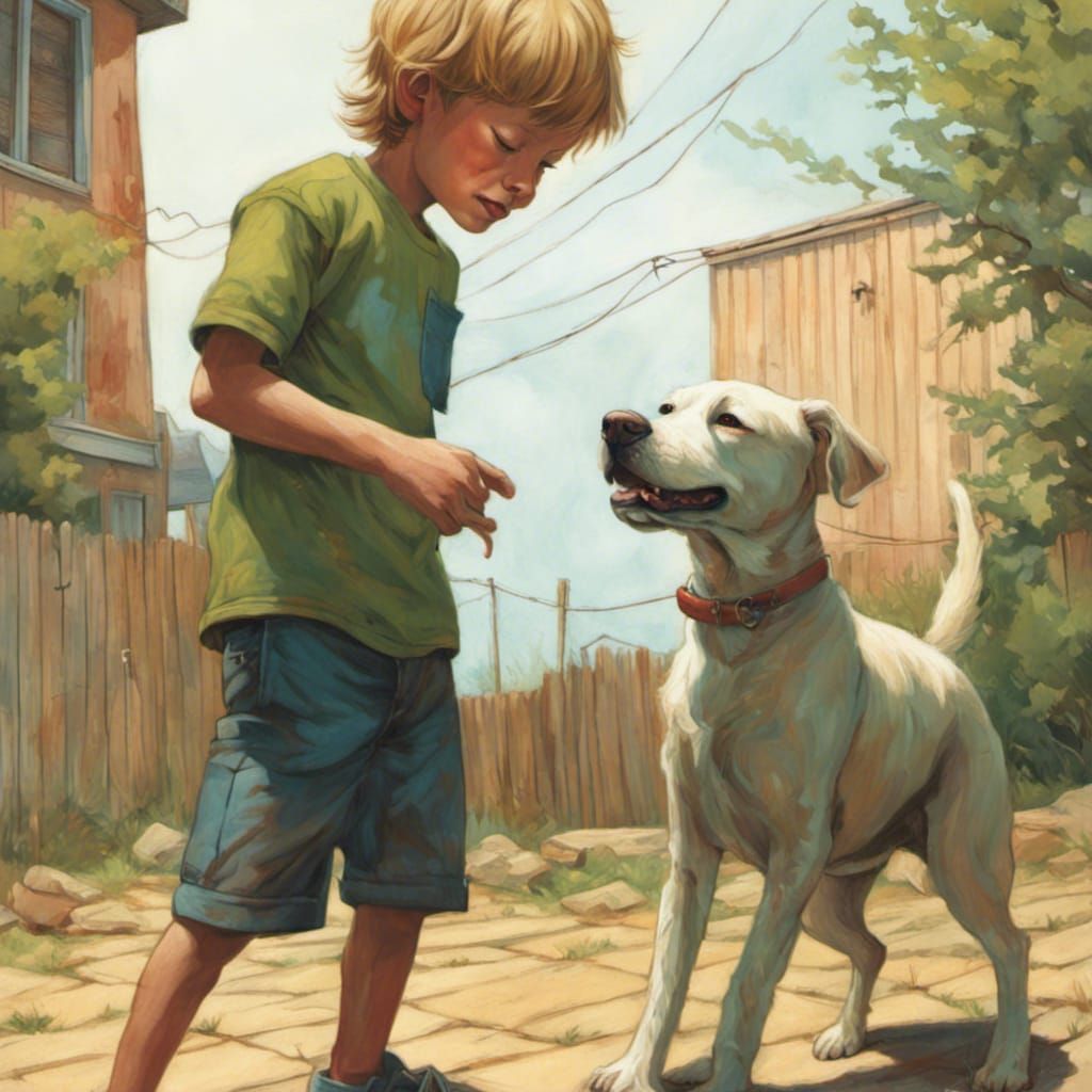 Boy and Dog Playing: Surrealist Backyard Scene