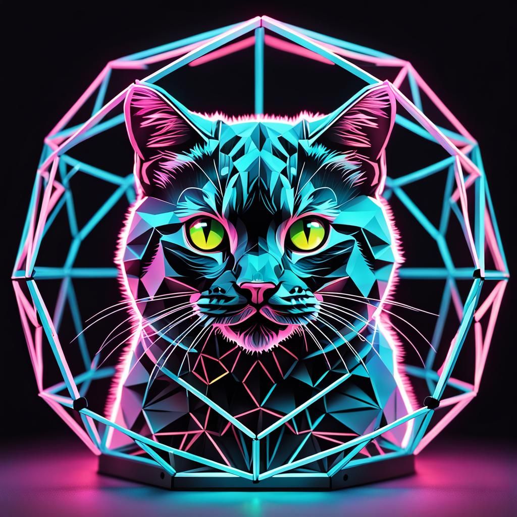 Neon Cat Silhouette in Geodesic Dome