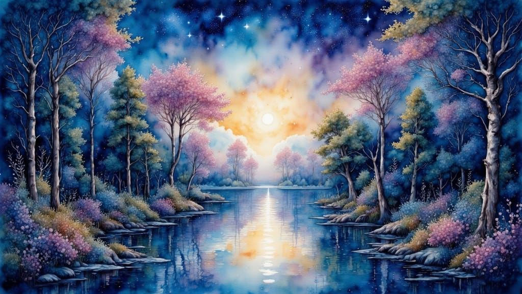 Ethereal Lake Under Starry Night Sky with Mysterious Trees i...