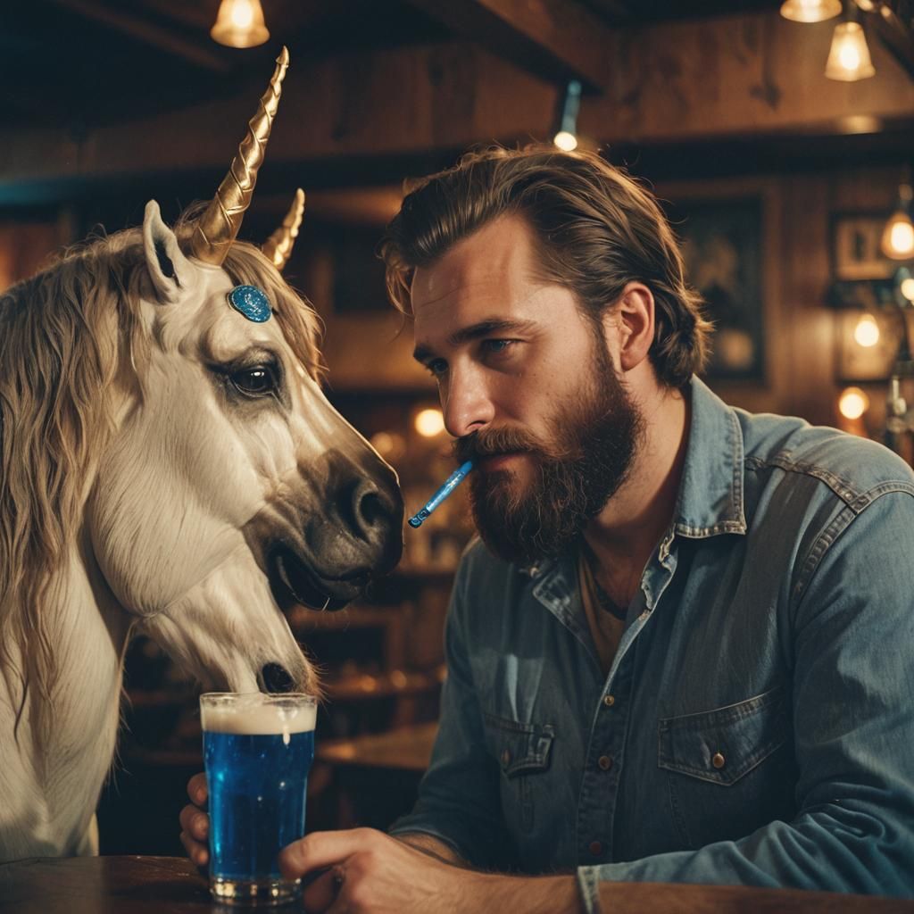 Bearded Man and Unicorn Enjoying Blue Beer