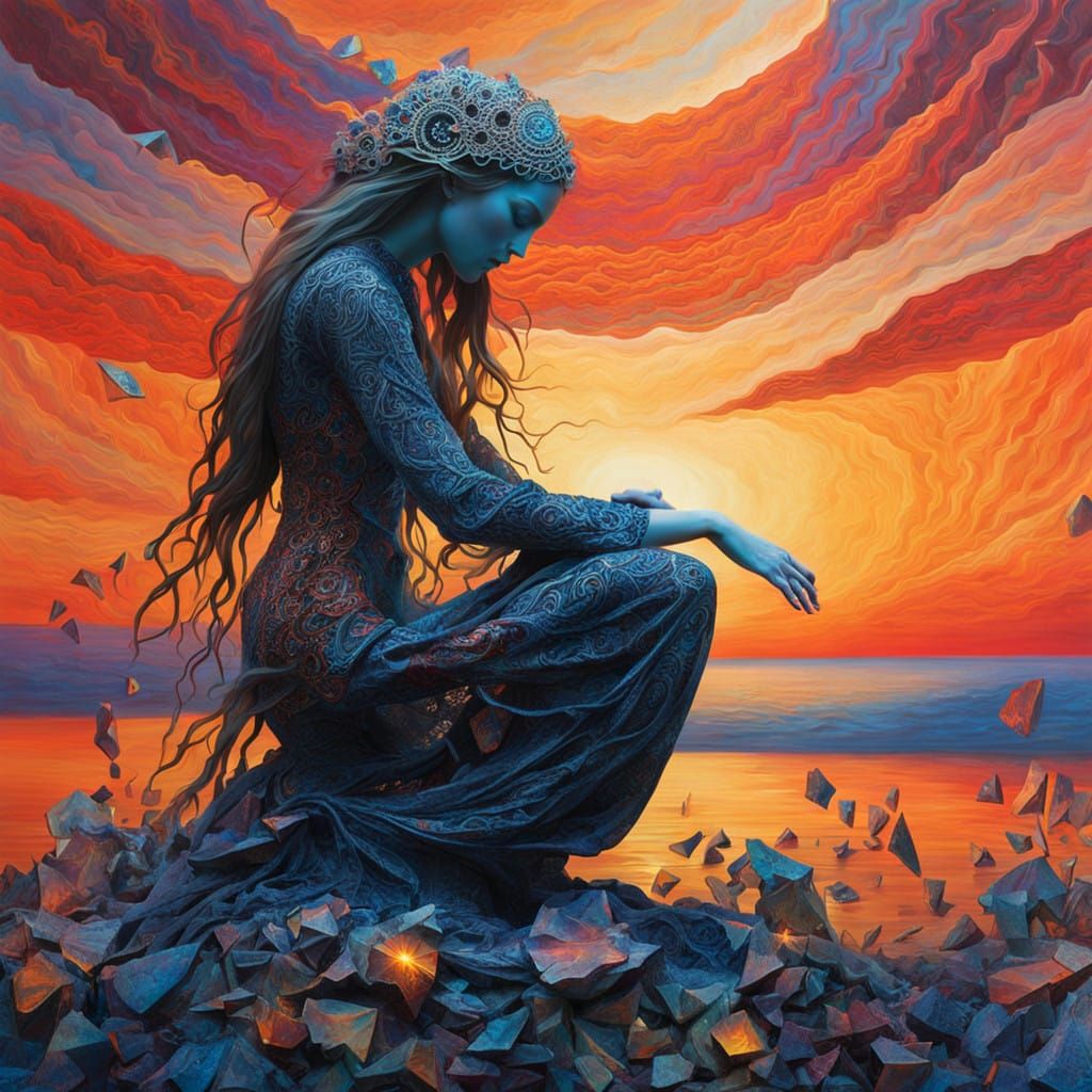 Surreal Sculpture of Kneeling Woman Amidst Vibrant Sunset wi...