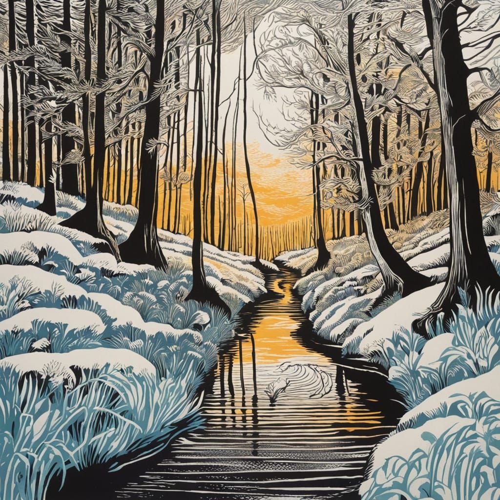 Vibrant Hand-Coloured Linocut Artwork