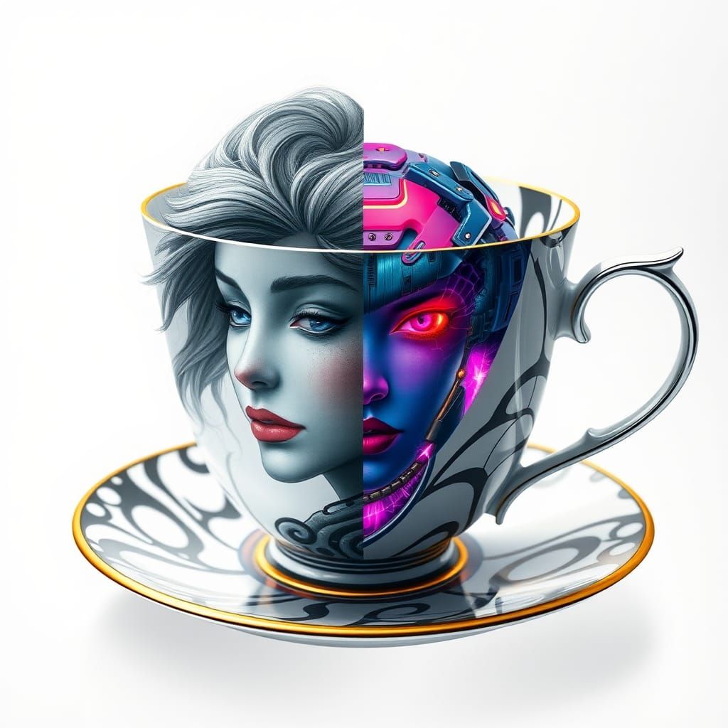 Op Art Teacup with Cyberpunk Mermaid Double Exposure