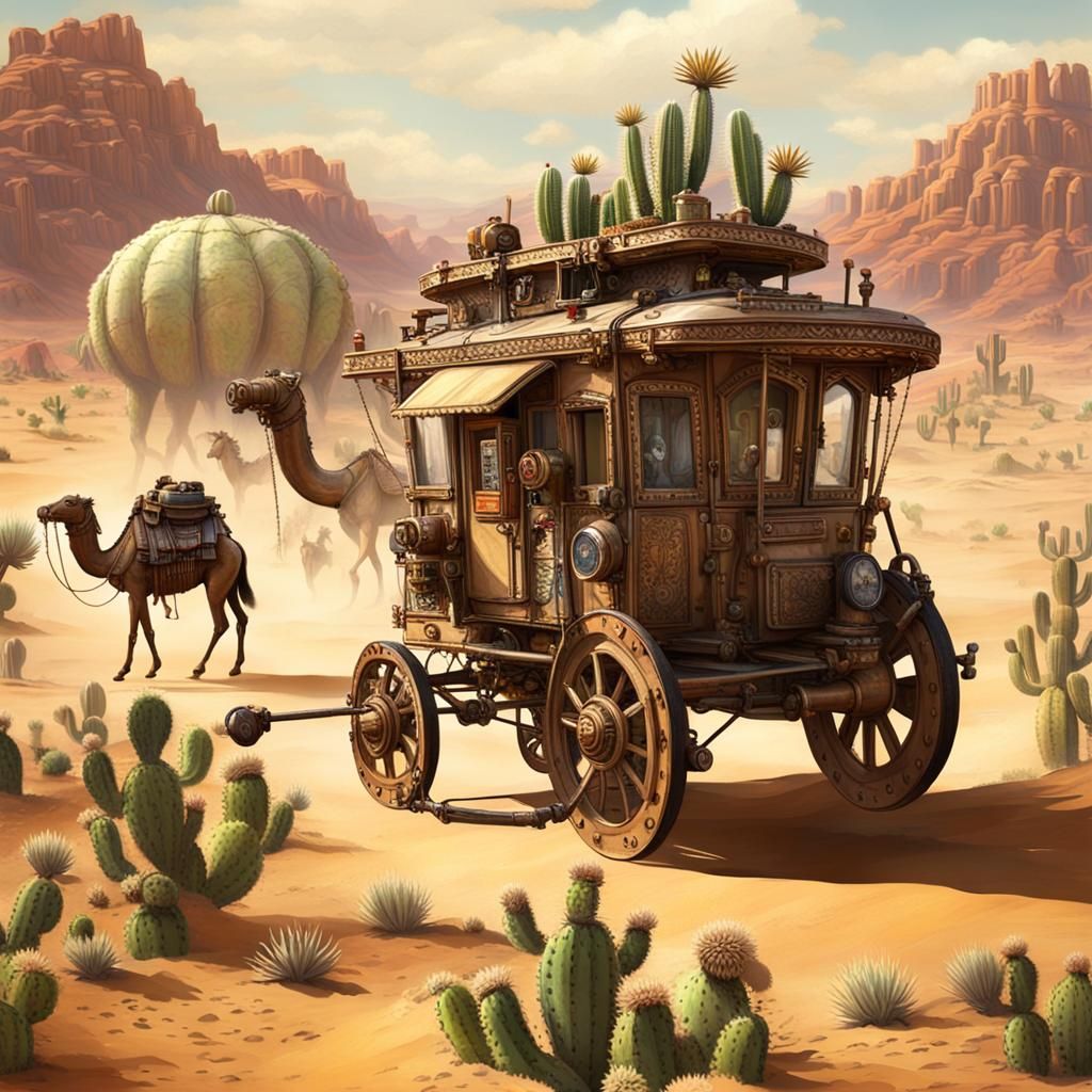 Steampunk Caravan Through Cactus Desert