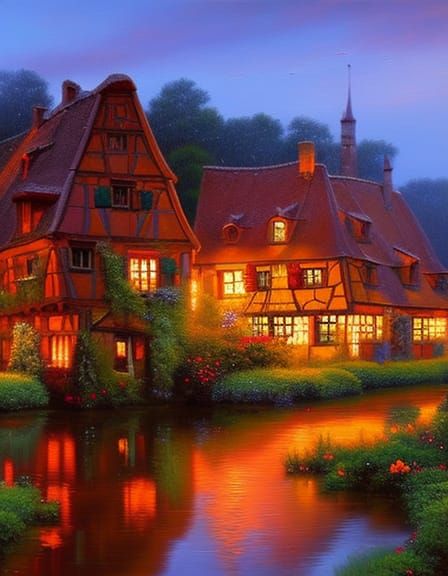 Colmar Village River Scene at Sunset: Oil Painting