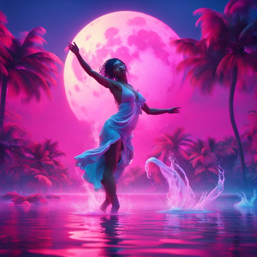 Vaporwave Aesthetic woman dancing water vibrant happy moonlight