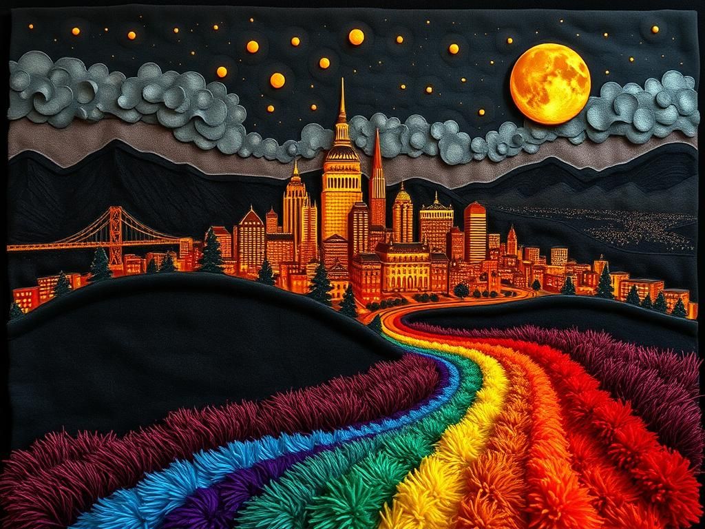 Glowing Metropolis on a Hill in Embossed Patchwork