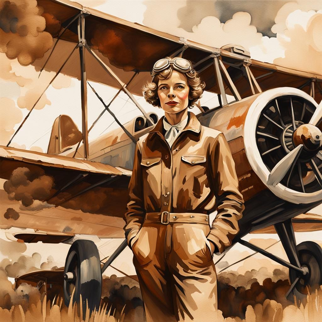 Sepia tones, Amelia earhart wearing goggles and a jumpsuit standing in front of a bi-plane