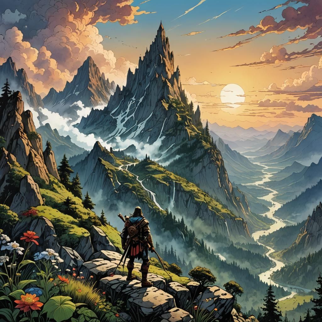 Mountain Peak at Dawn: Retro D&D Illustration