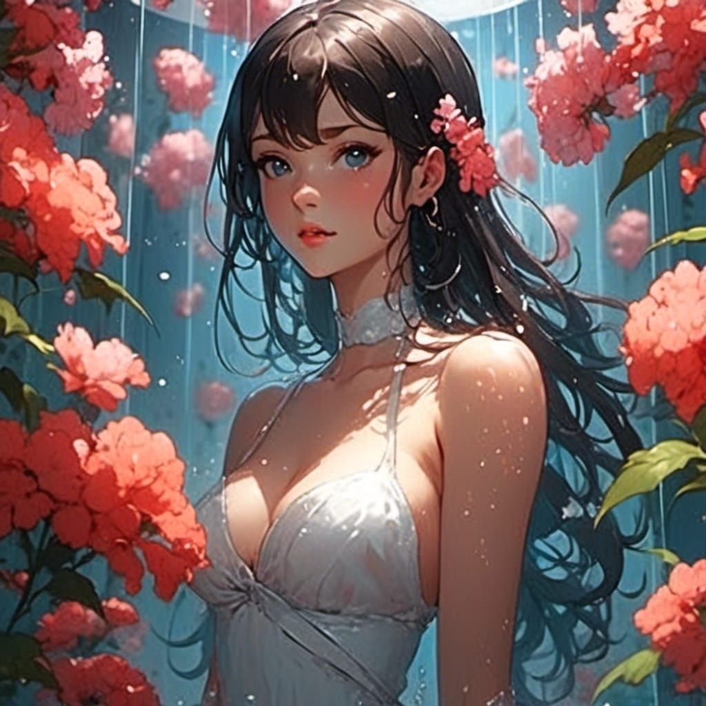 Anime Realism: Woman in Shower with Flowers