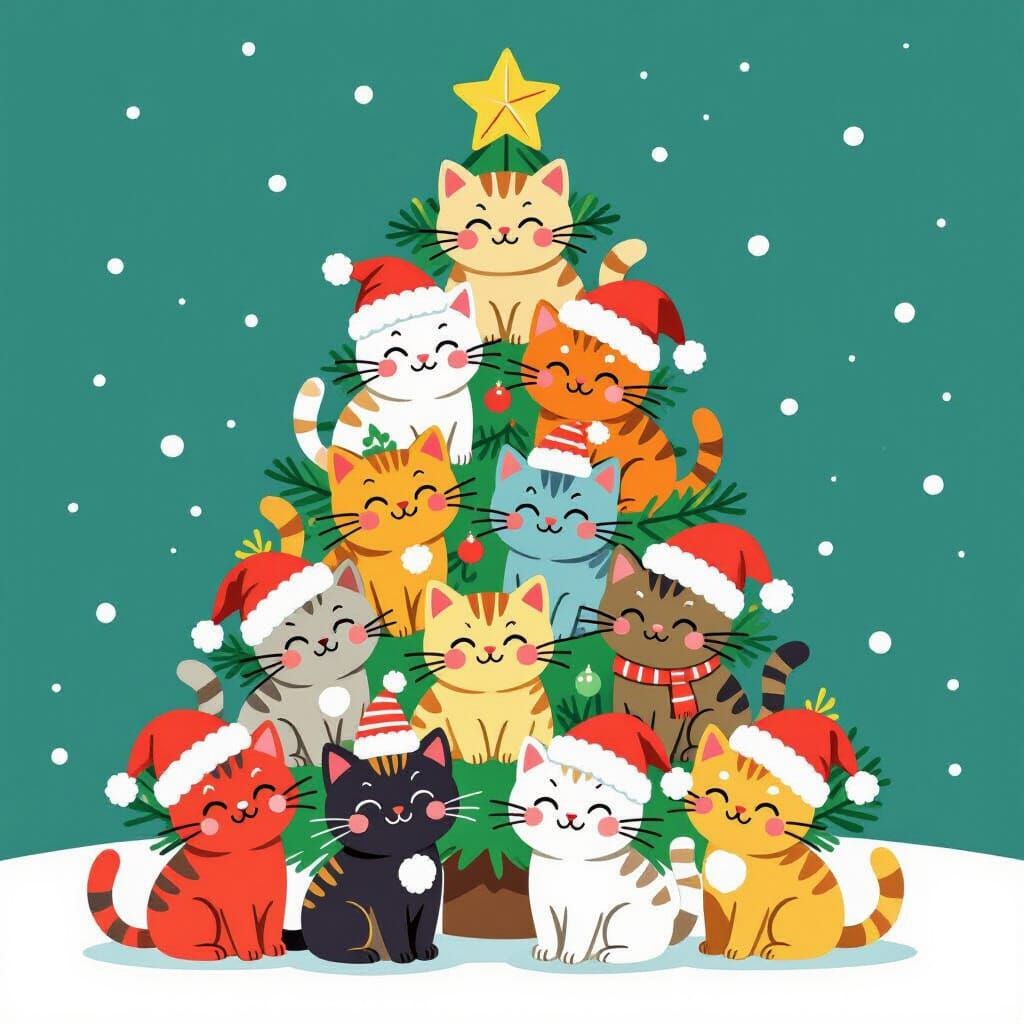 Cute Cats Stacked as Christmas Tree, Festive Hats, Cartoon S...