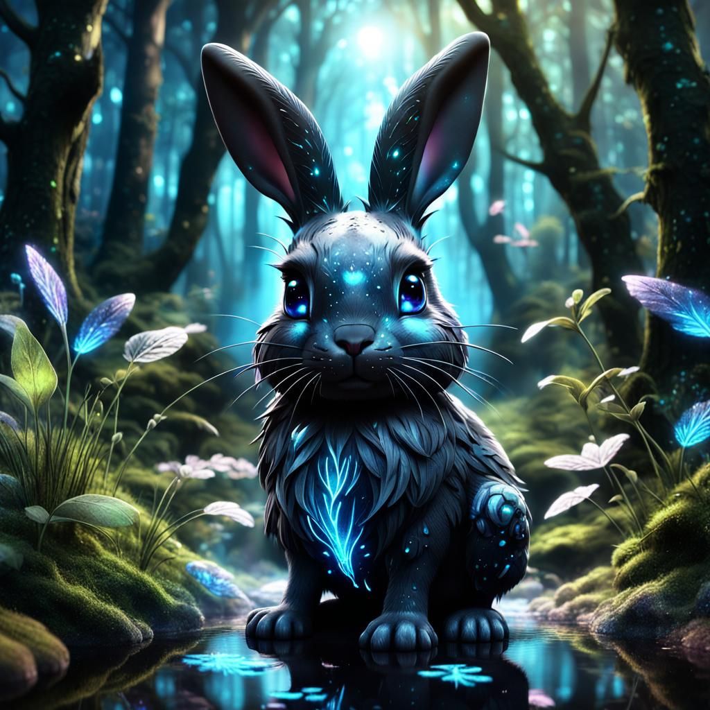 Black Fae Rabbit in Magical Forest: 3D Anime Art