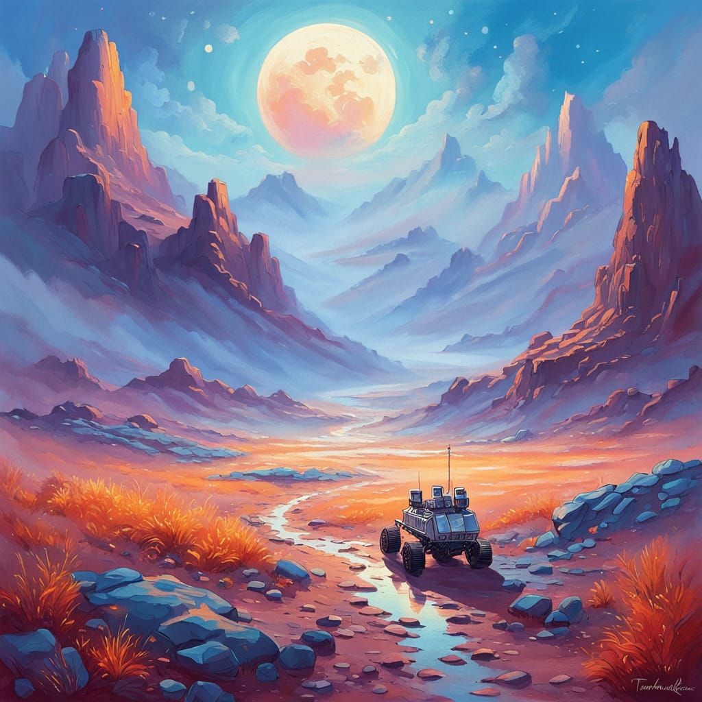 Dreamy Gouache Painting of a Lunar Rover on Iridescent Venus