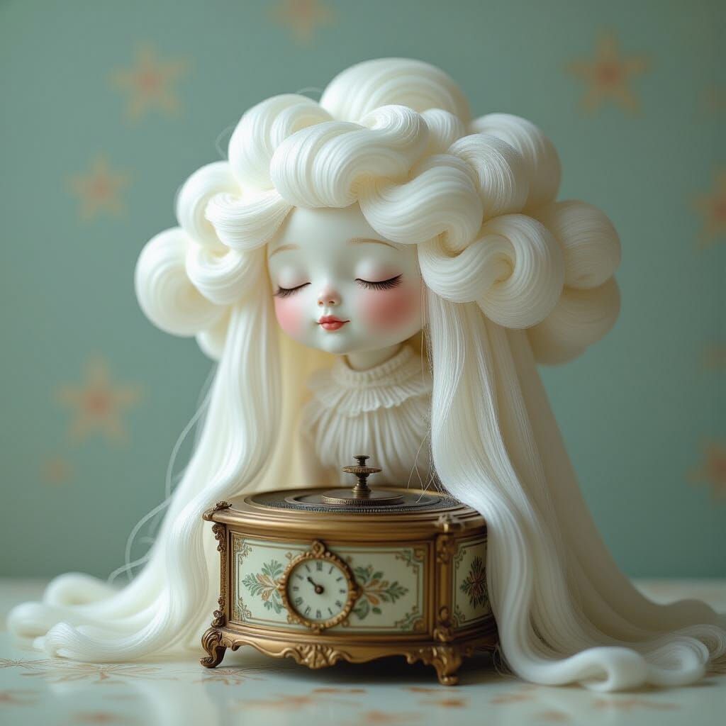 Silk Cloud Creature on Antique Music Box