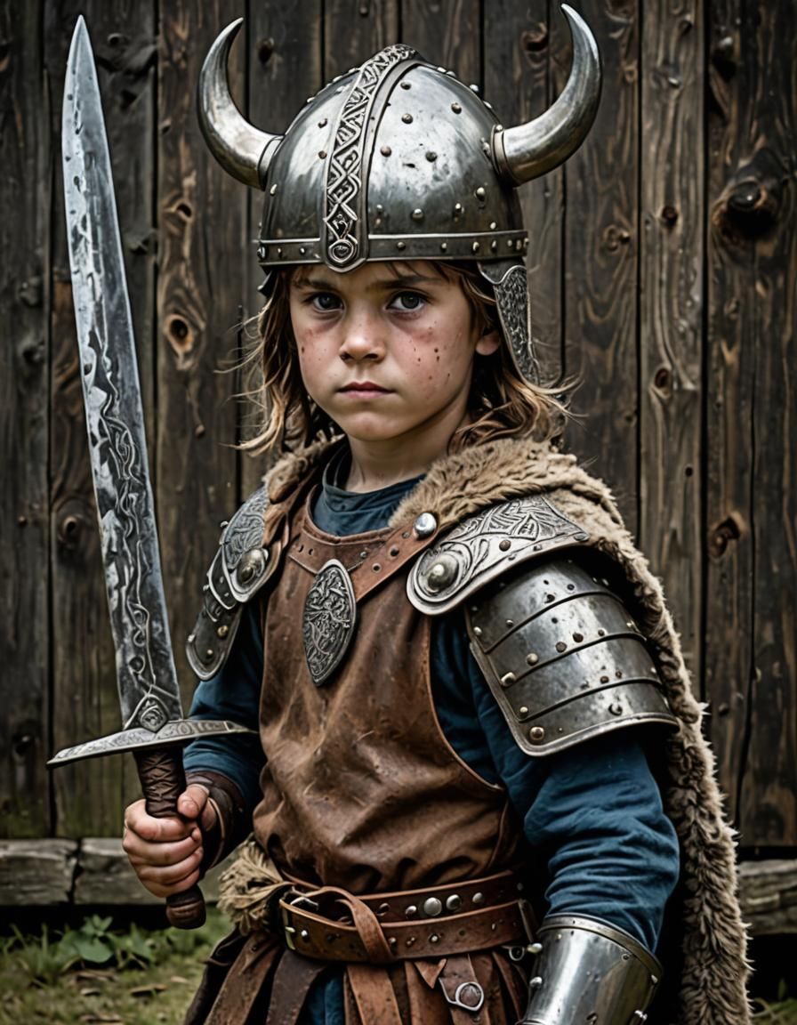 Young Viking Warrior with Helmet and Sword