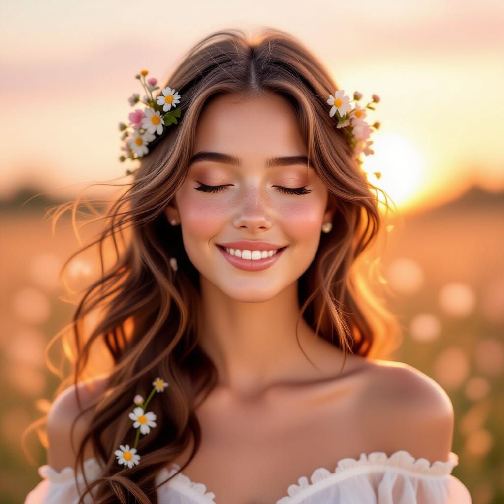 Dreamy Portrait of Freckled Woman in Art Nouveau Style