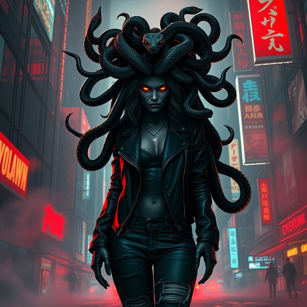 Gritty Dark Goddess in Cyberpunk Cityscape