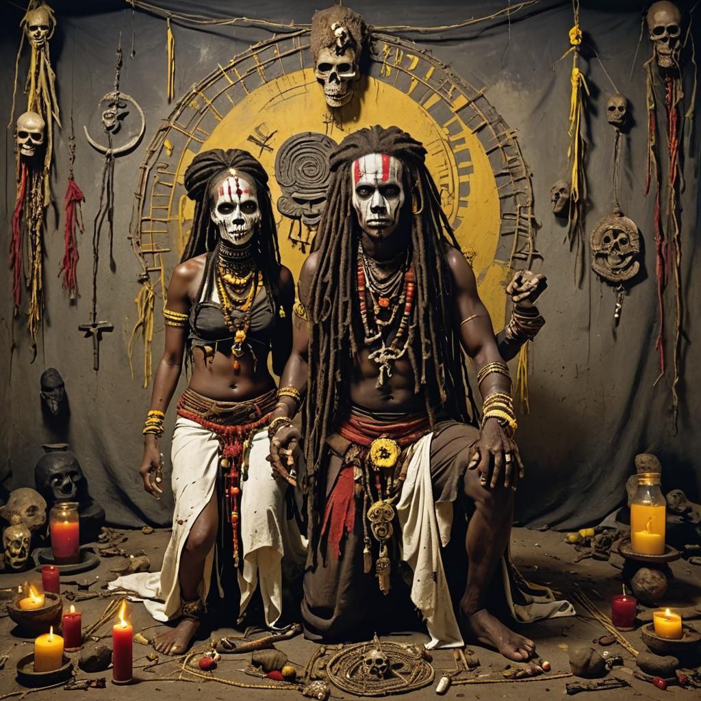 Voodoo Priests Performing Ritual with Dramatic Lighting
