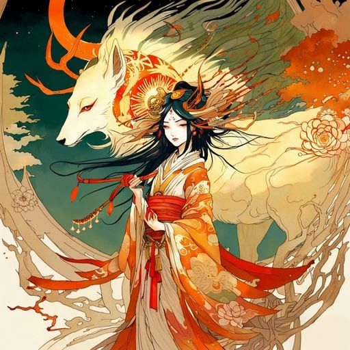 Amaterasu: Radiant Sun Goddess in Iridescent Style