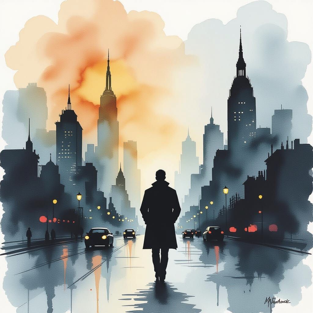 Gritty Silhouette Cityscape in Alcohol Ink Style