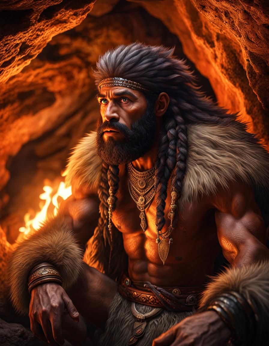 Intricate Caveman in Prehistoric Cave with Fire