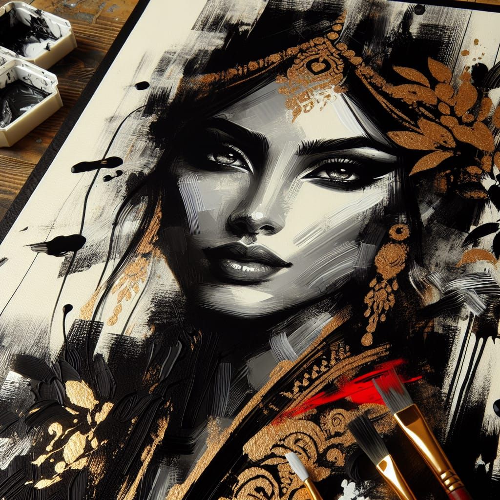 Monochrome Portrait with Gold Leaf and Red Highlights