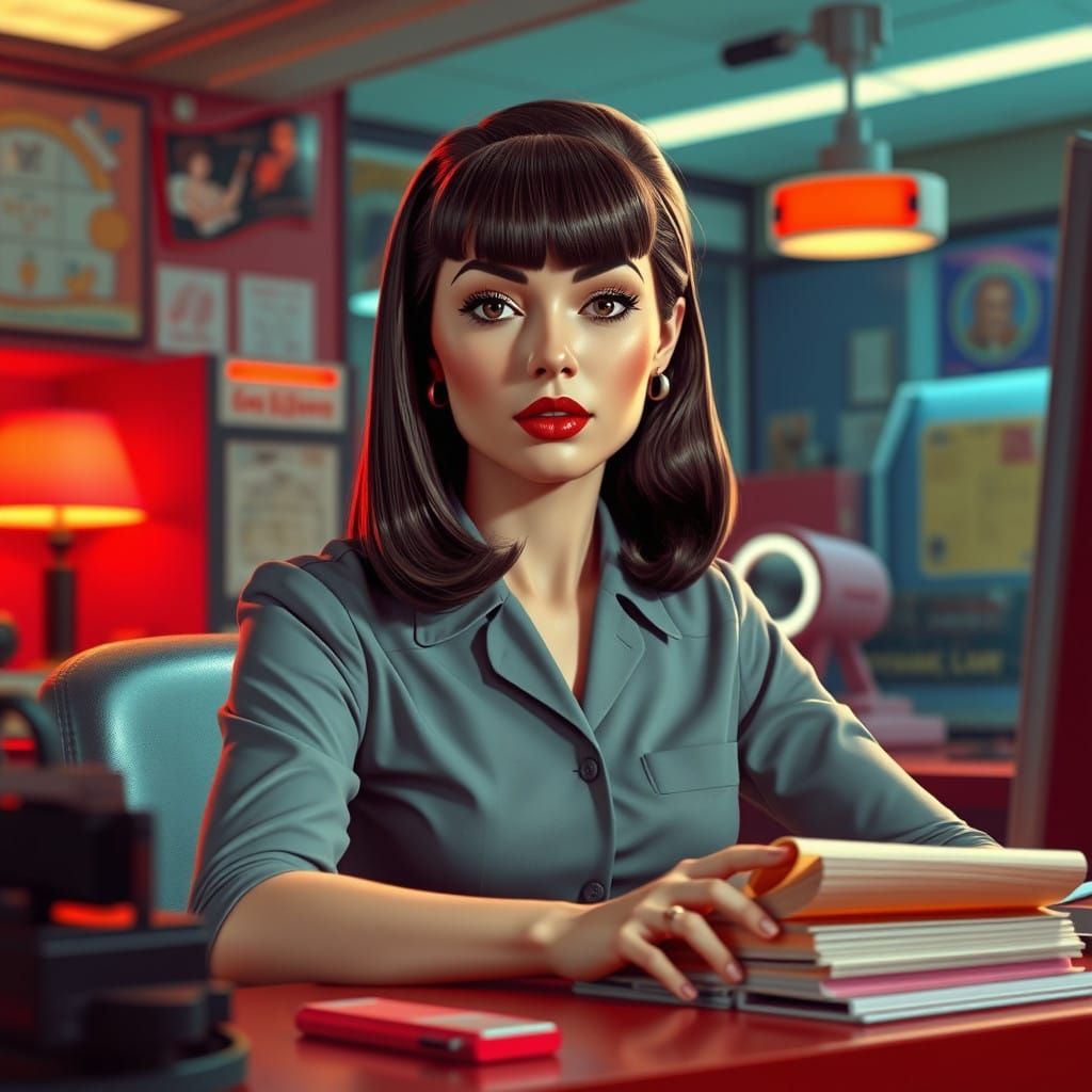 1950s Secretary in a Vibrant, Retro-Futuristic Office