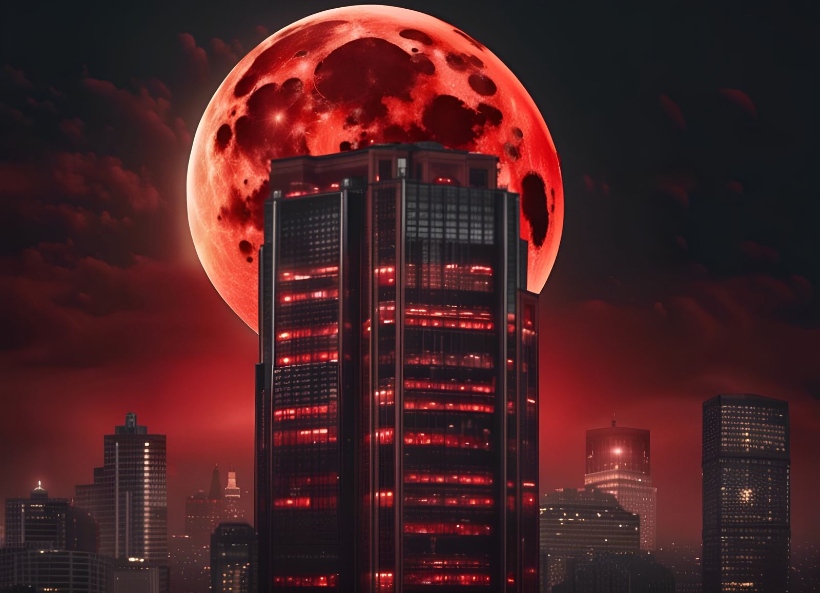 Hyperrealistic Red Moon Over Skyscraper in 8K