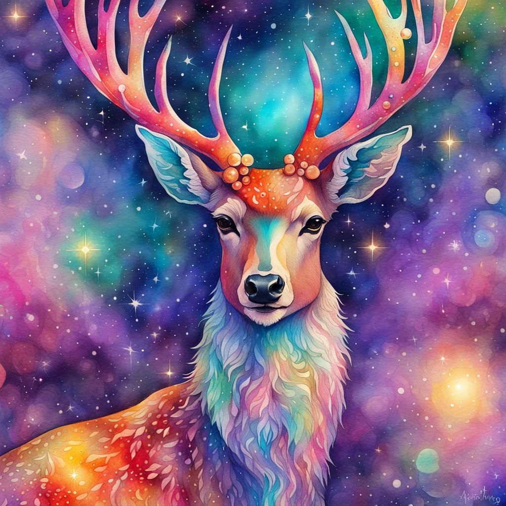 Magical Surreal Christmas Deer Watercolor