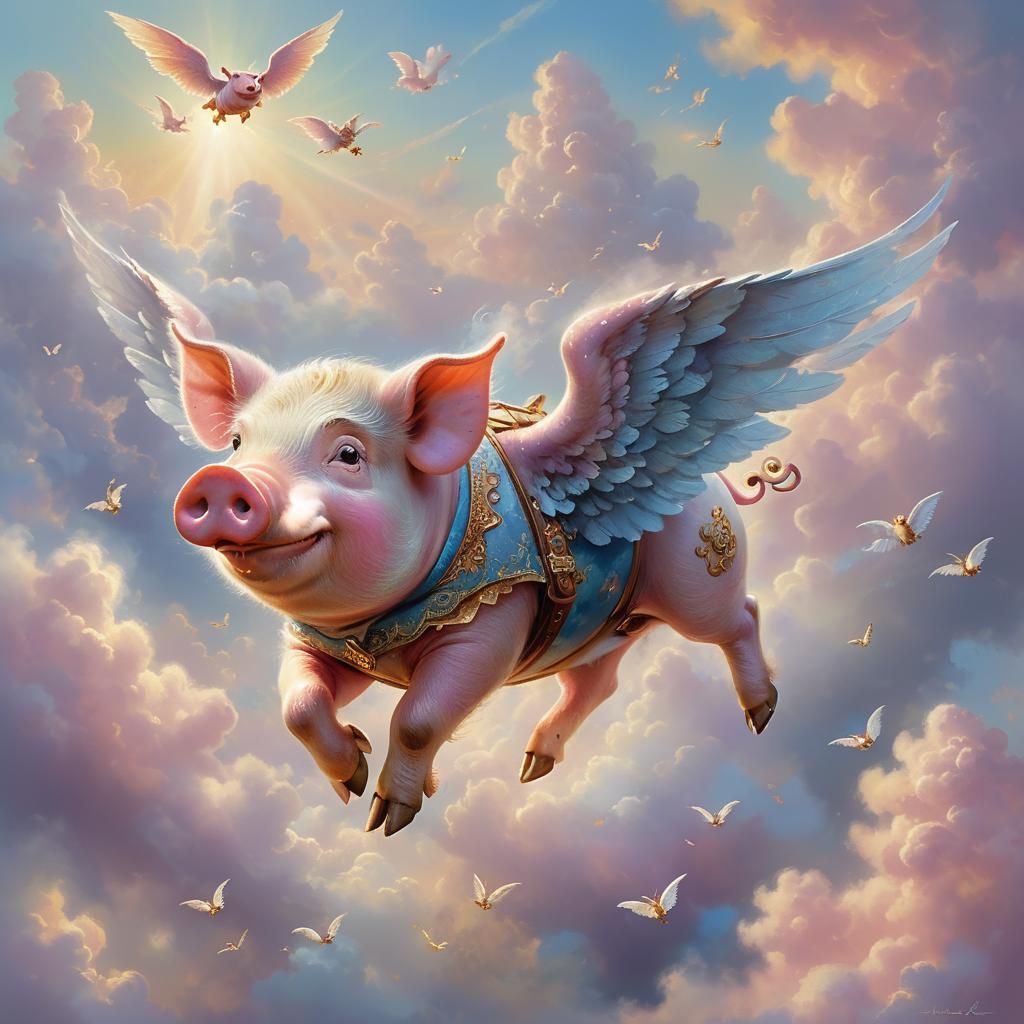 Winged Pig Flying in Clouds: Fantasy Art