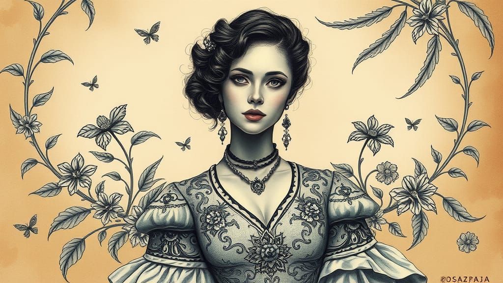 Victorian Woman Portrait in Charcoal Drawing Style