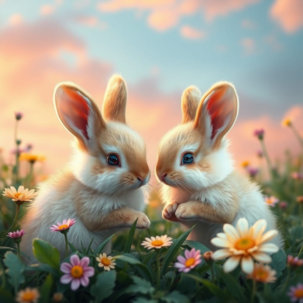 Whimsical Baby Bunnies in Vibrant Dreamlike Landscape