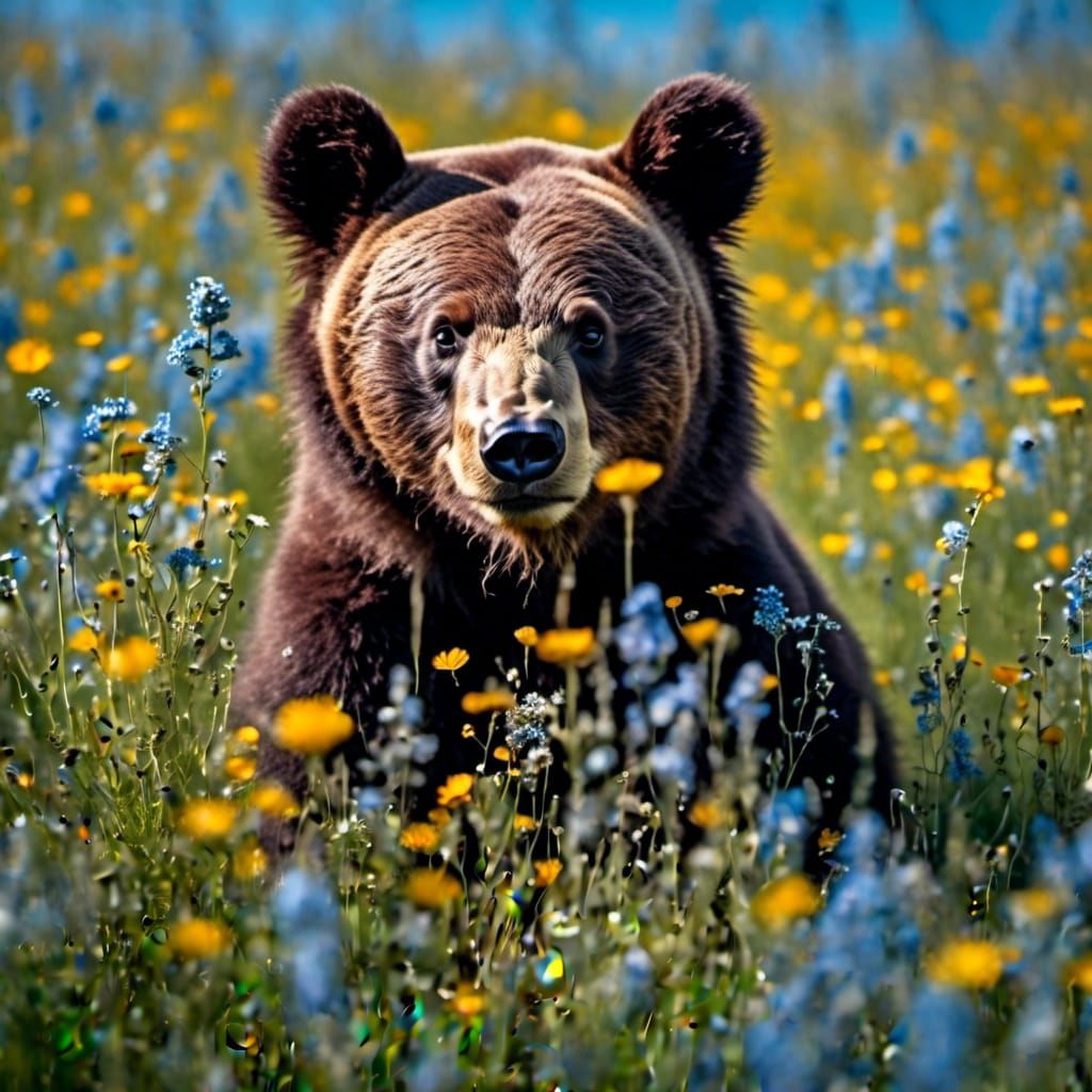 Baby Bear Portrait in Wildflower Field: Microphotography
