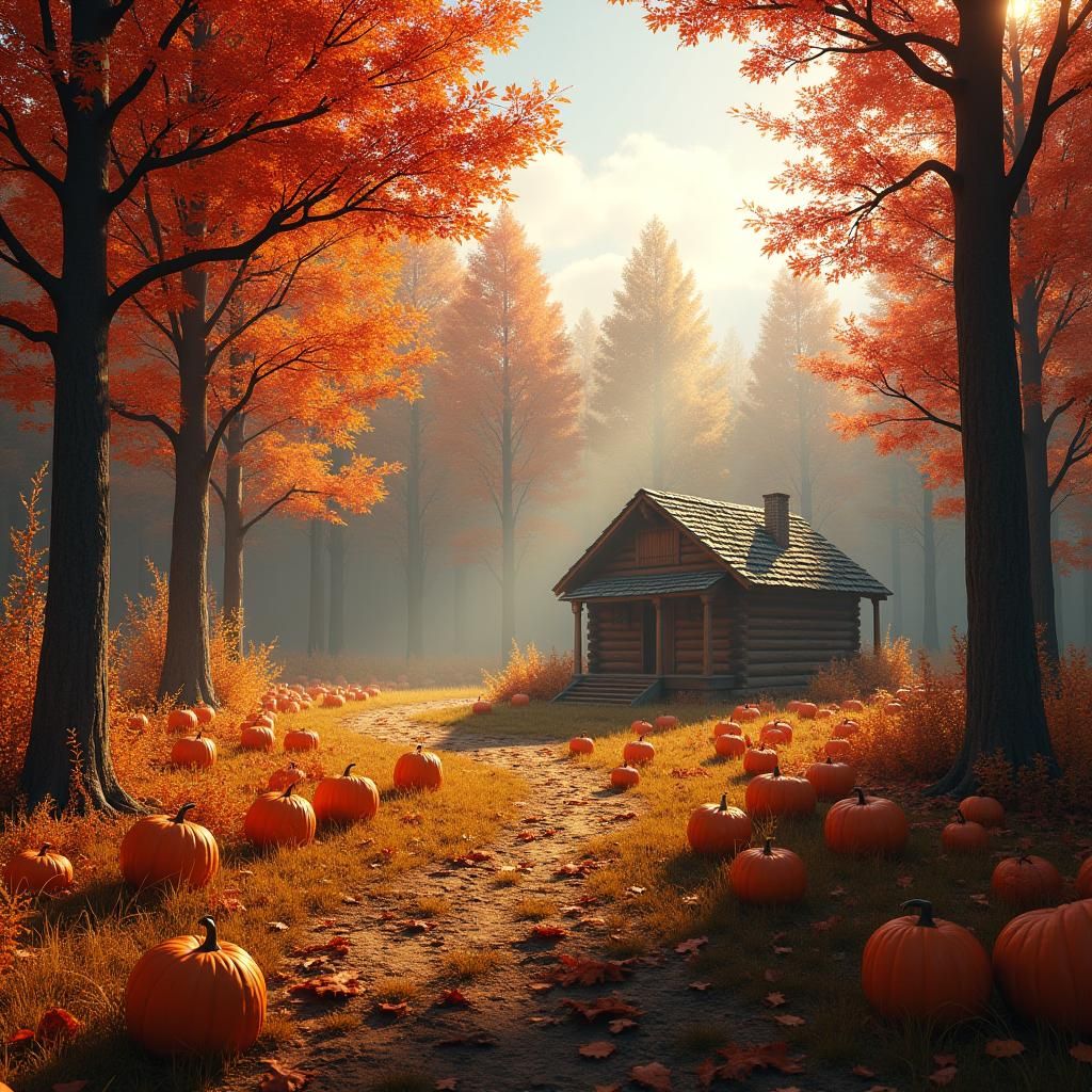 Autumn Forest Cabin in Dreamlike Concept Art