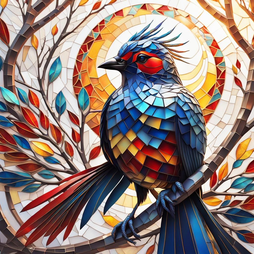 Stylized Bird with Mosaic Pattern in Fantasy Art Style