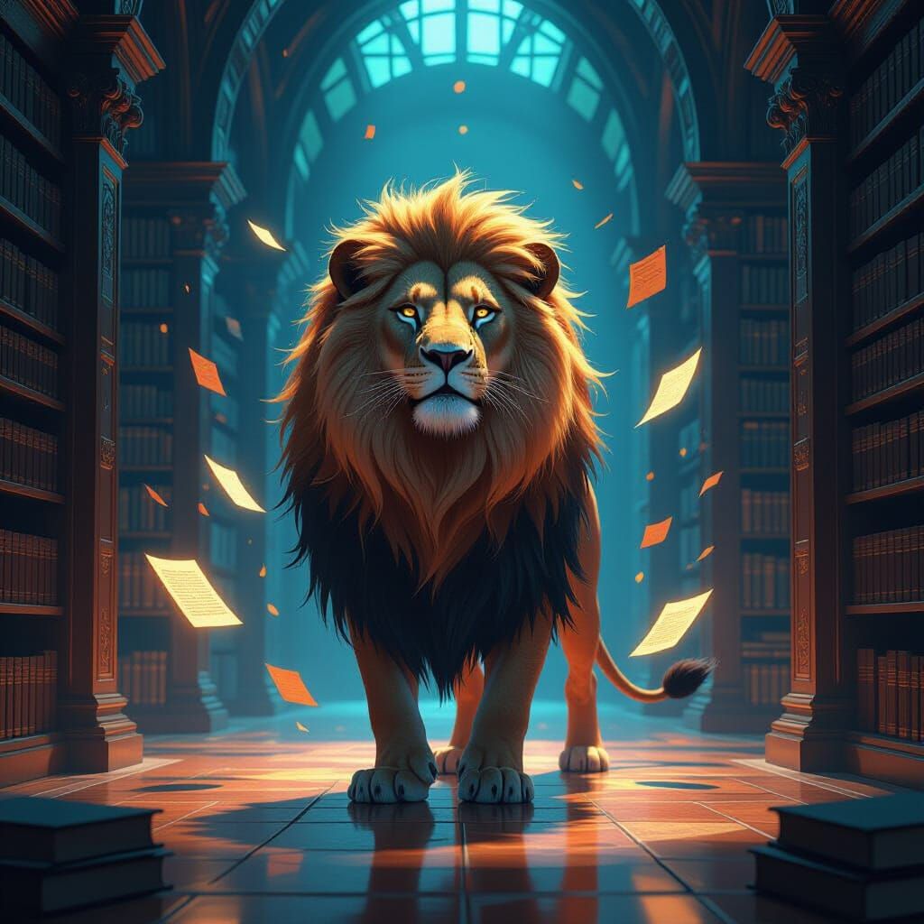 Molten Gold Lion Guards Ancient Library with Liquid Light Bo...