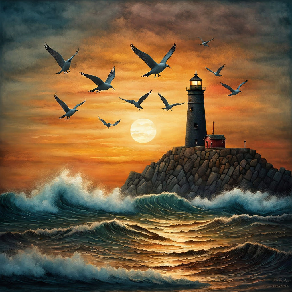 Lighthouse at Sunset: Melancholic Oil Painting