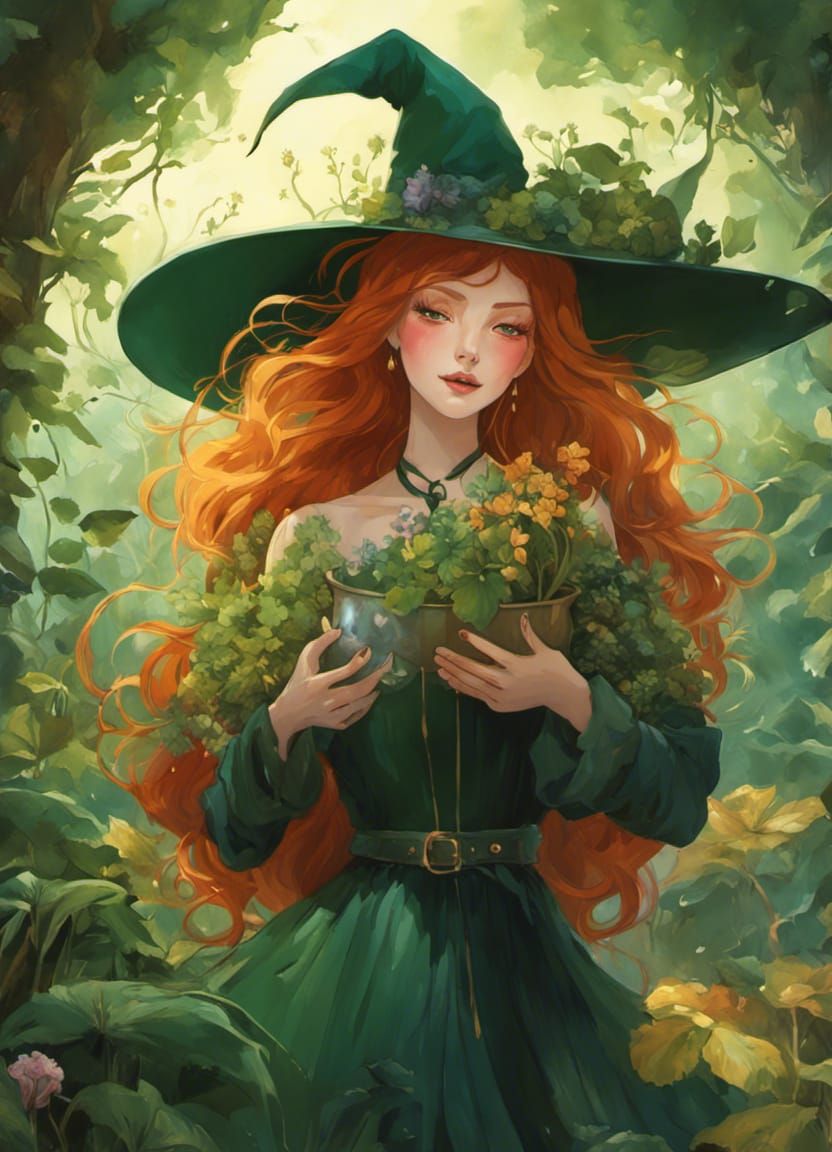 Beautiful Garden Witch with Magic Plant