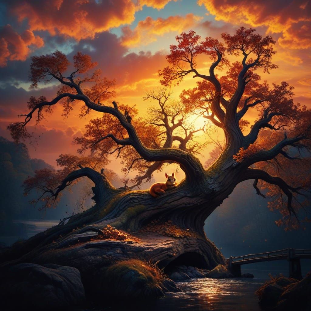 Surreal Autumn Sunset with a Cozy Squirrel Family