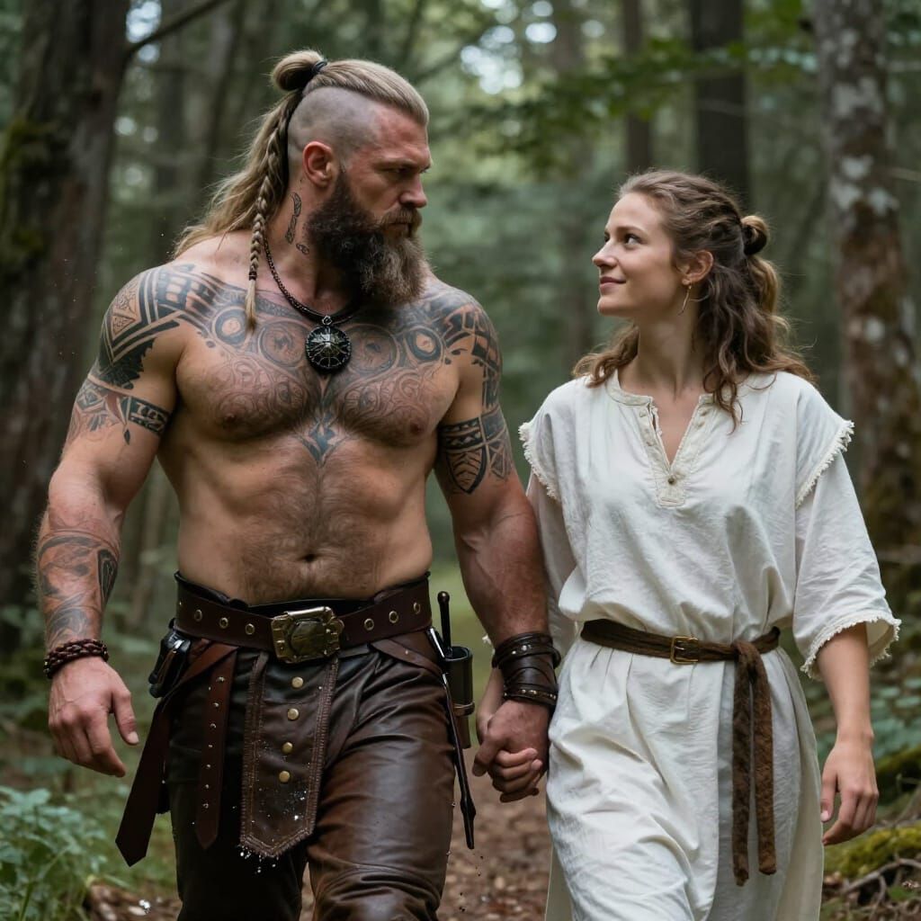 Viking Couple in Forest, Concept Art Portrait