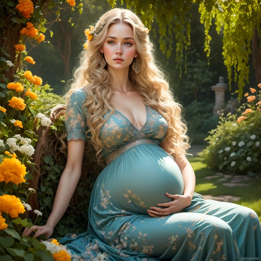 Pregnant Woman in Lush Garden: Digital Art
