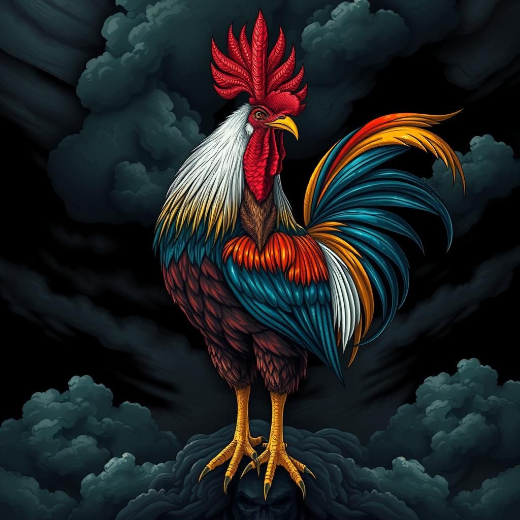 Menacing Rooster with Metallic Plumage in Retro-Futuristic S...