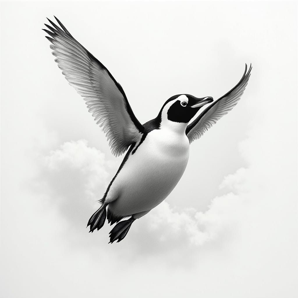 Hyper-Realistic Flying Penguin in Charcoal Drawing