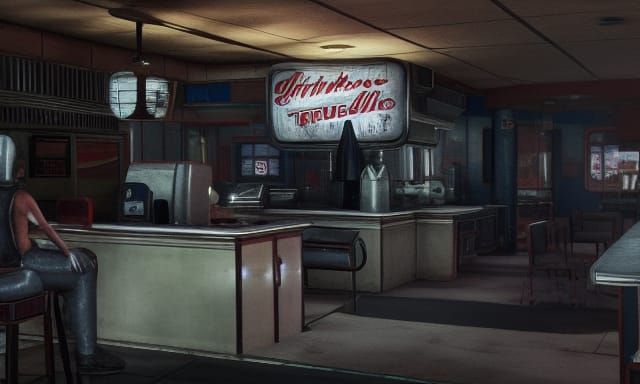 Retrofuturistic Fallout Diner Scene in Unreal Engine