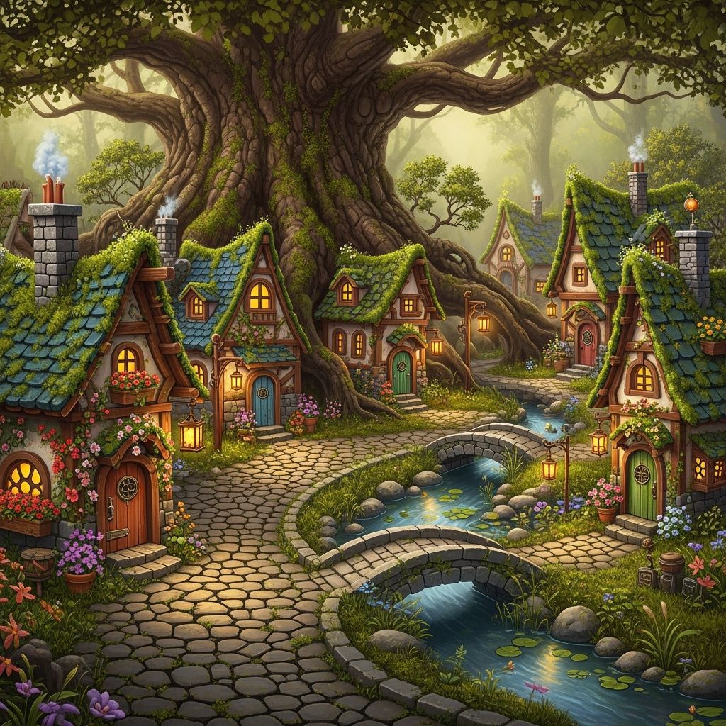 Gnome Village Nestled in Ancient Oak Roots